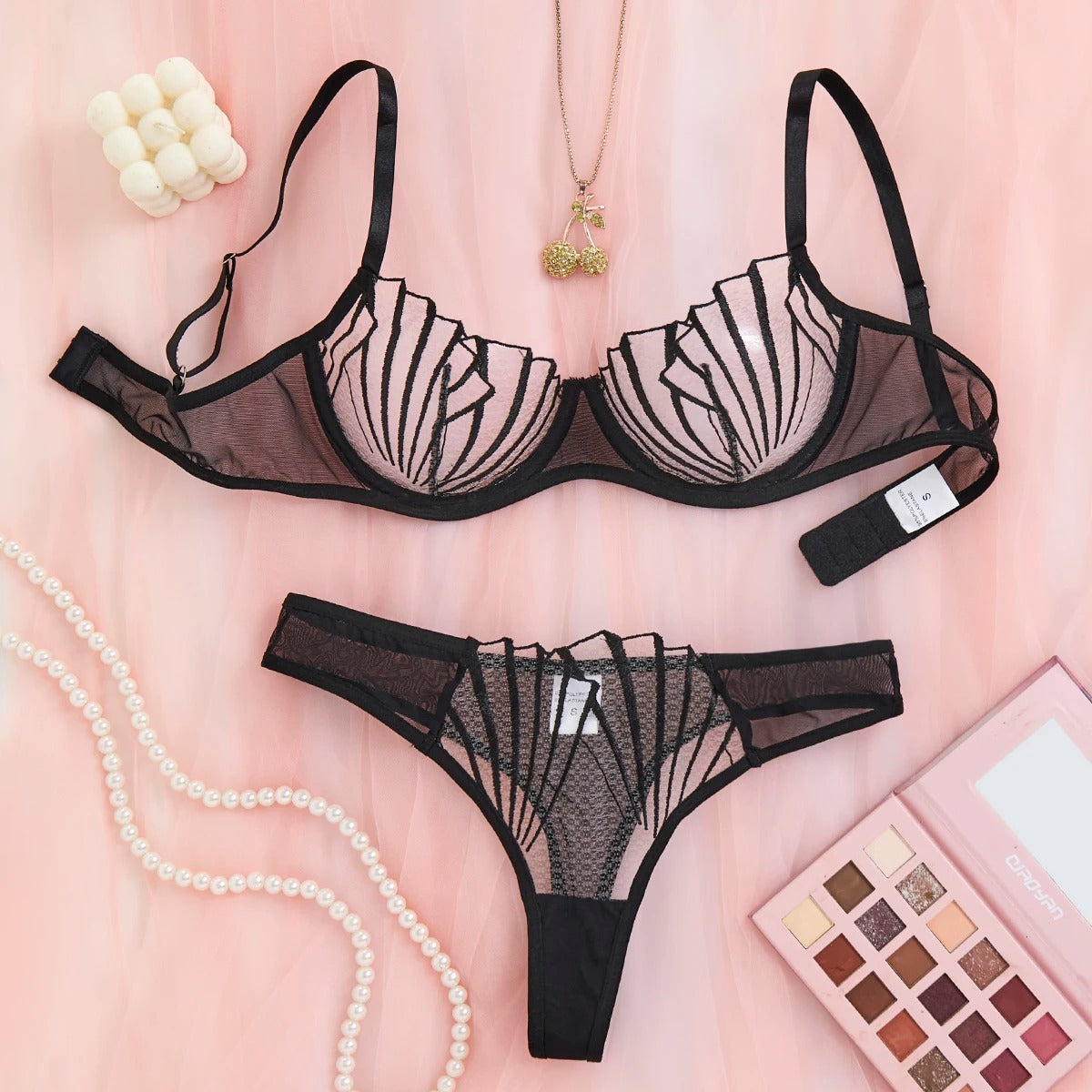 2-piece black scallop embroidered lingerie set